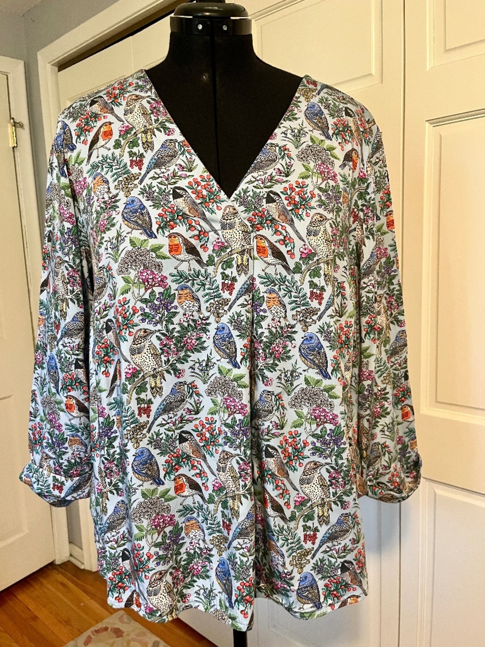 J. Jill Perched Birds Printed 3/4 Sleeve Top Size XL EUC Light Blue